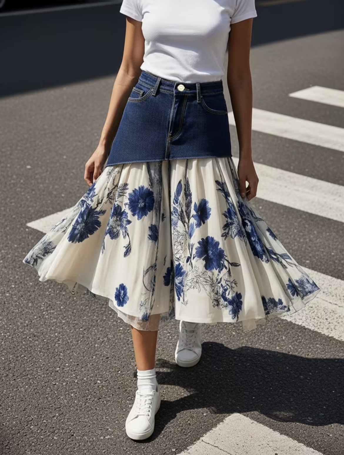 Midi Skirt Floral - Plus Size Women High Waist Denim