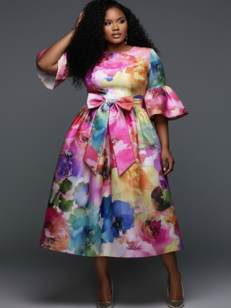 Plus Size Round Neck Flare Sle - đánh giá và giá Midi Skirt Floral